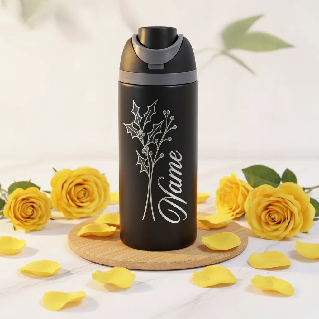 Custom Laser Engraved 24oz Insulated Sports Water Bottle — Personalized Name & Botanical Design