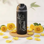 Custom Laser Engraved 24oz Insulated Sports Water Bottle — Personalized Name & Botanical Design