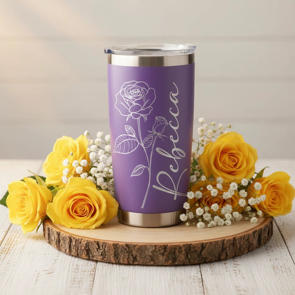 Personalized Rose Tumbler with Name | 20oz Laser Engraved Tumbler for Women — Custom Floral Design