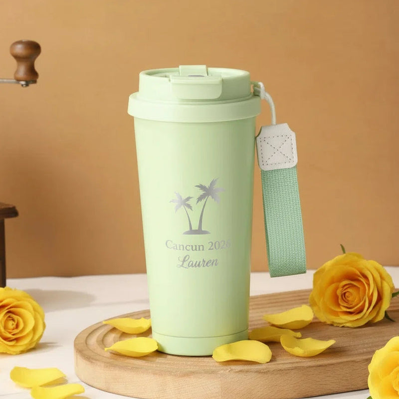 Personalized Laser Engraved Tumbler with Wrist Strap — Palm Tree Design | Custom Name & Destination